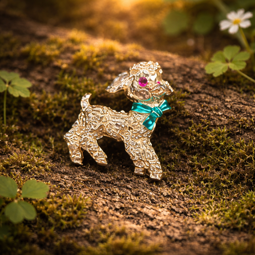 Gold tone lamb brooch with textured finish and teal bow detail