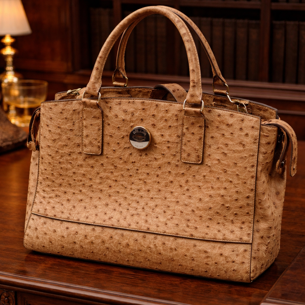 London Fog Tan Ostrich Embossed Satchel Faux Leather Top Handle Structured Handbag