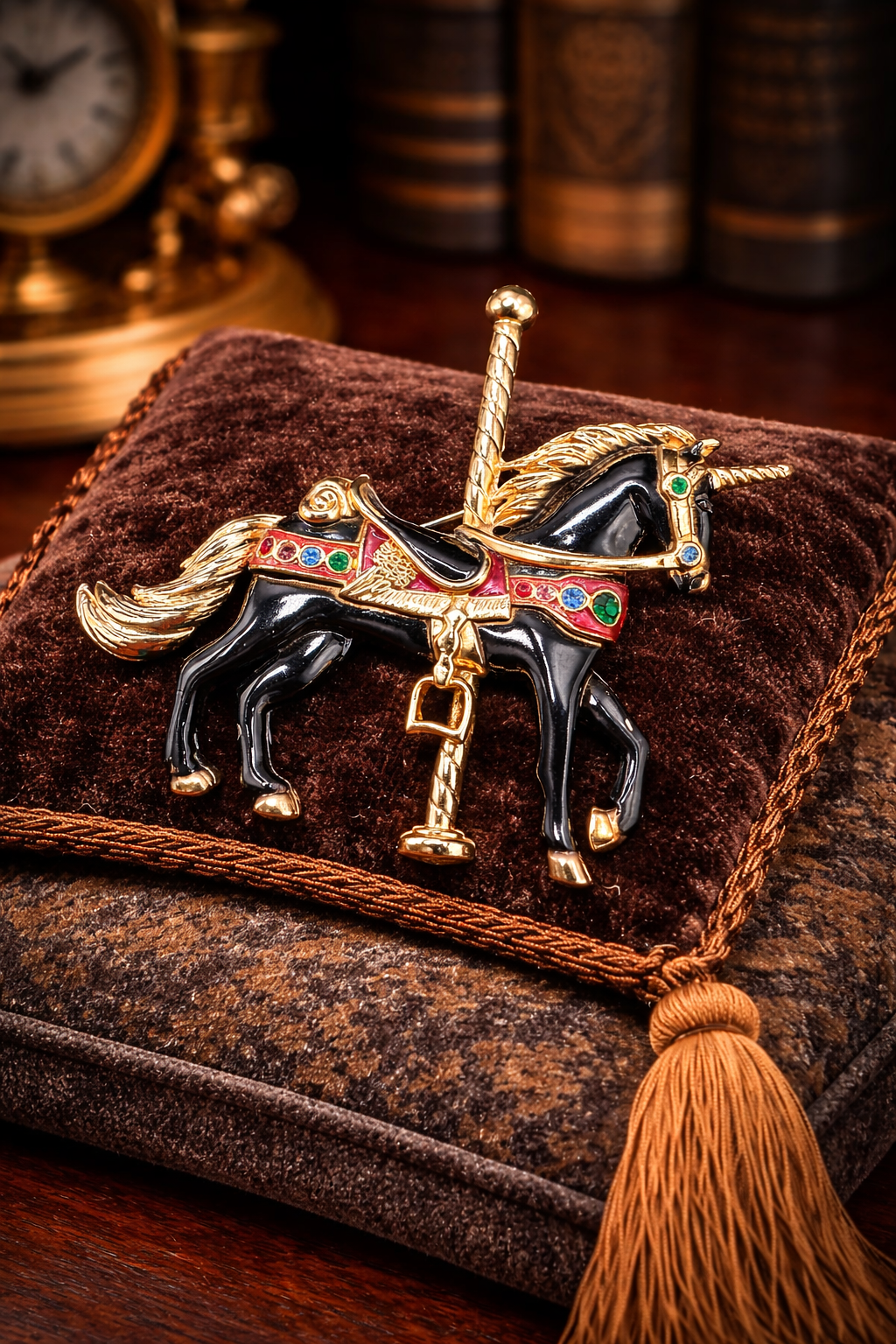 Vintage Enamel Carousel Horse Brooch Black Gold Tone Rhinestone Saddle Equestrian Pin