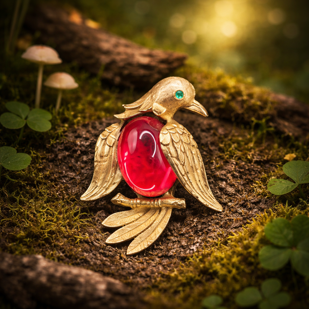 JJ gold tone jelly belly bird brooch with red lucite belly