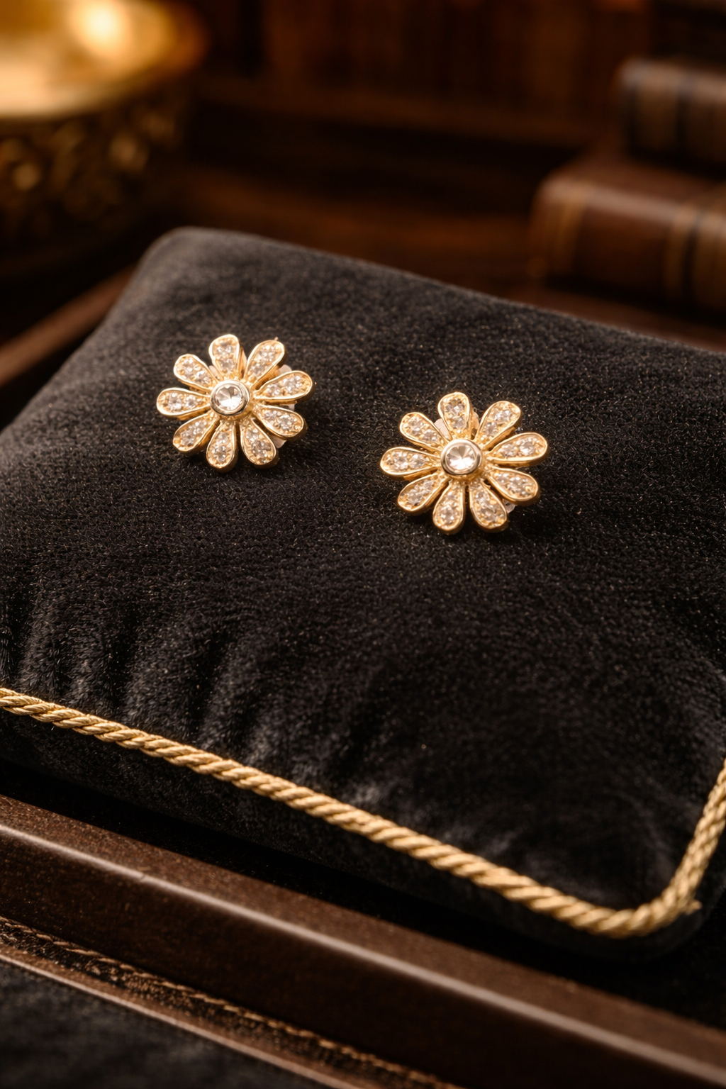 Gold Tone Crystal Flower Stud Earrings Warm Gold Floral Rhinestone Daisy Petite Sparkle