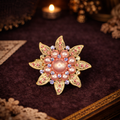 Gold Tone Pink Faux Pearl Flower Brooch Rhinestone Accents Statement Floral Pin