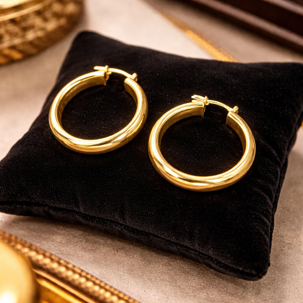 Gold tone hoop earrings with rounded tubular profile