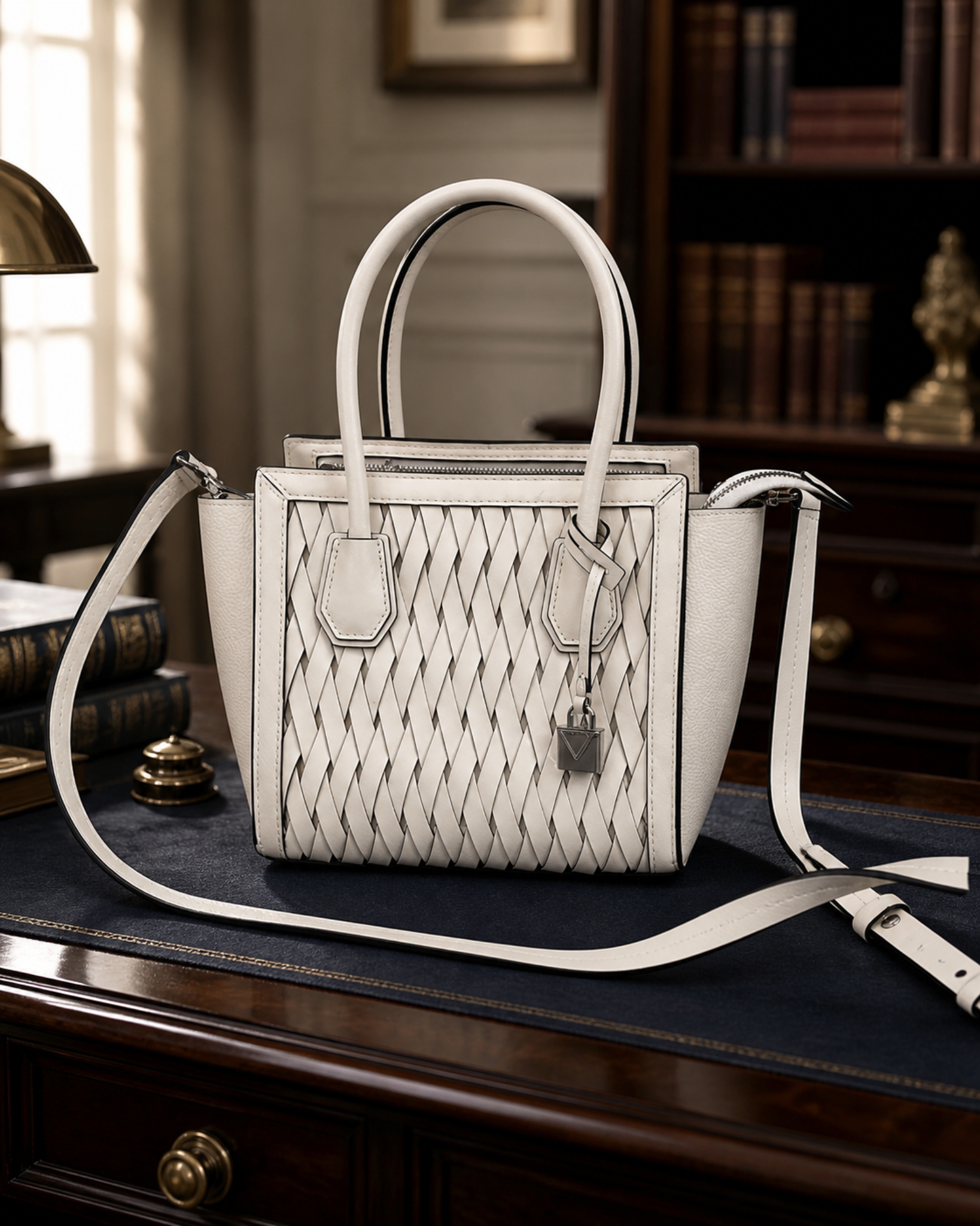 Michael Kors White Lattice Weave Pebbled Leather Satchel Crossbody Bag