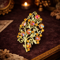 Gold Tone Aurora Borealis Rhinestone Floral Spray Brooch Filigree Scroll Pin Multicolor Crystals