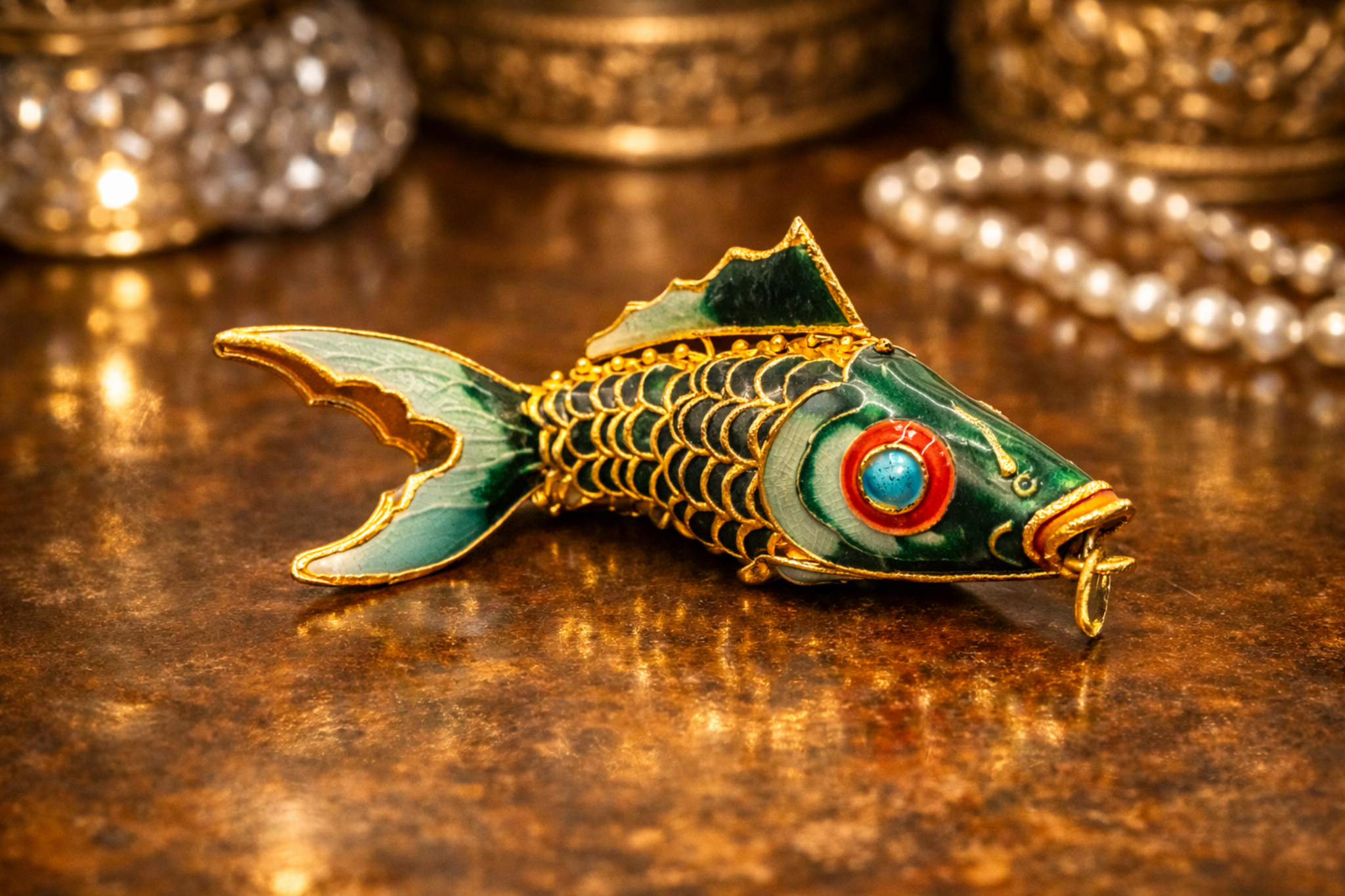 Green Enamel Cloisonne Articulated Fish Pendant Gold Tone Wirework Detail
