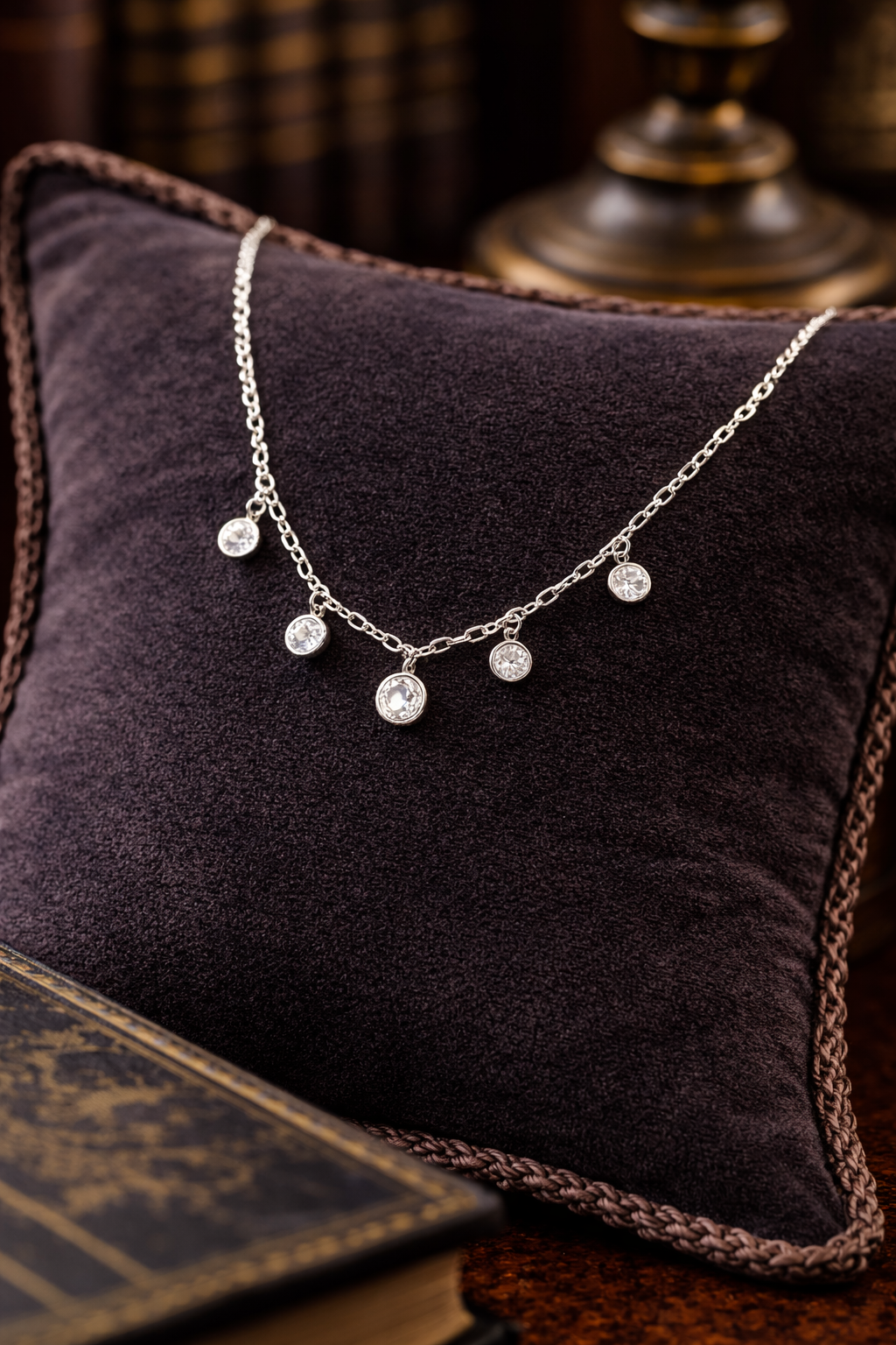 925 SAX Sterling Silver Bezel Set Station Necklace Clear Crystal Drop Design