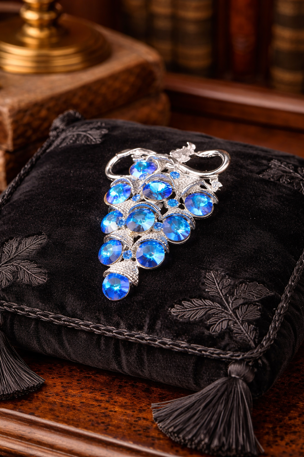 Vintage Blue Crystal Grape Cluster Brooch Silver Tone Aurora Borealis Rhinestone Statement Pin Large Dimensional Fruit Jewelry