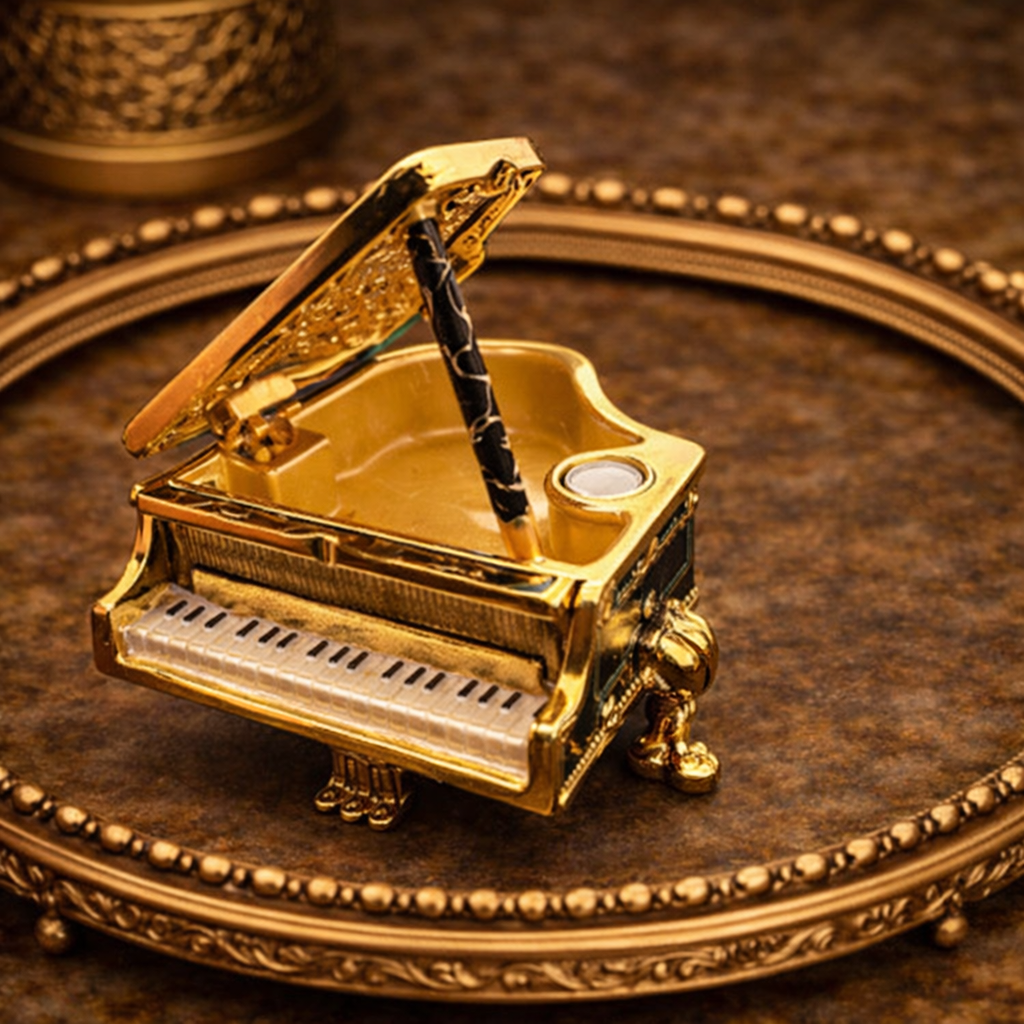 Black Enamel Grand Piano Trinket Box Gold Tone Floral Lid Rhinestone Trim