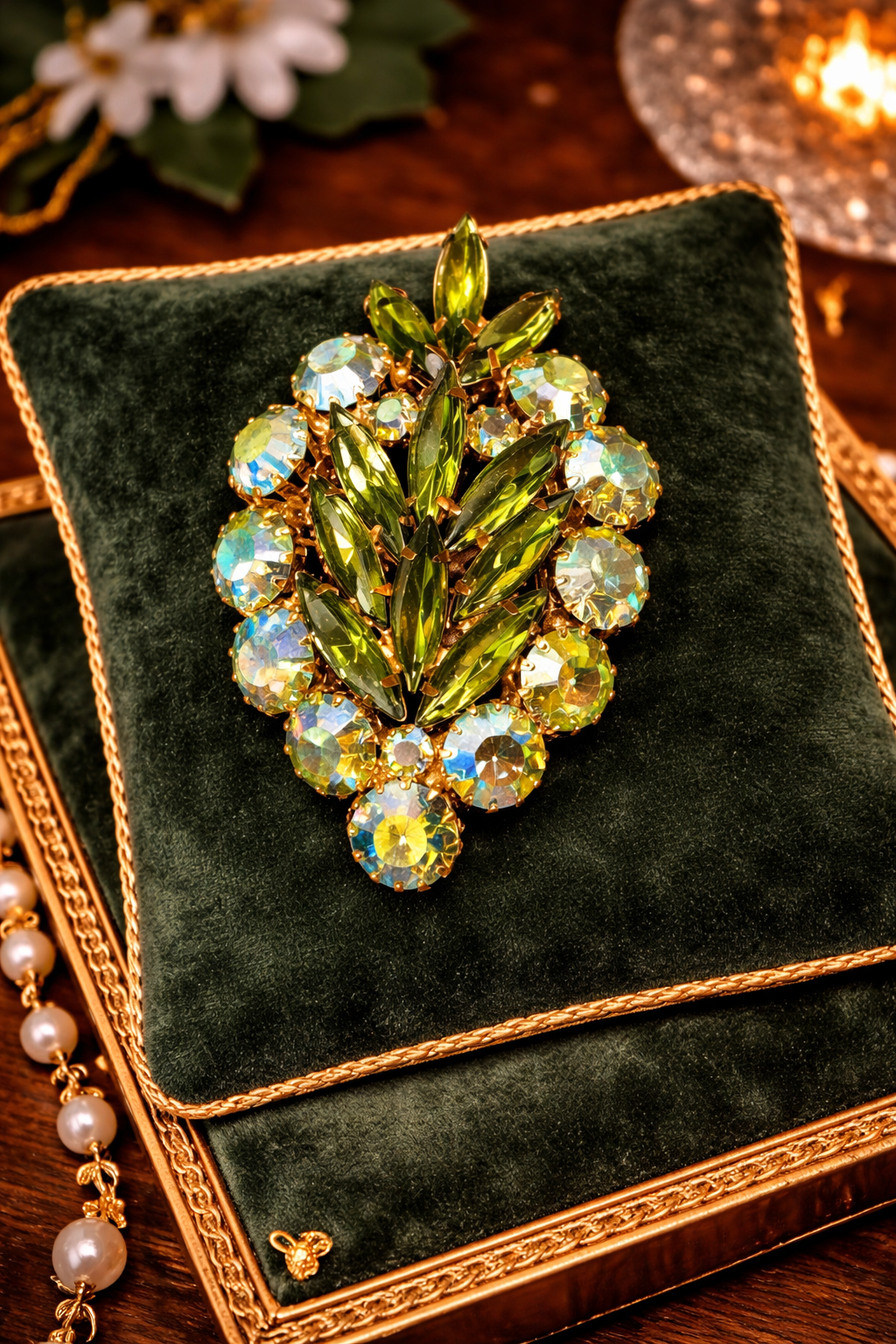 Attributed Juliana D&E Style Green Aurora Borealis Rhinestone Leaf Brooch Vintage Gold Tone Navette Pin