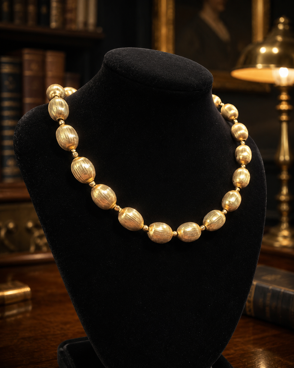 Trifari Gold Tone Textured Oval Bead Necklace Vintage Statement Jewelry