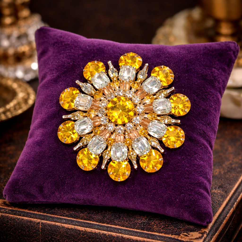 Vintage Gold Tone Yellow & Clear Rhinestone Sunburst Flower Brooch | Layered Crystal Floral Statement Pin