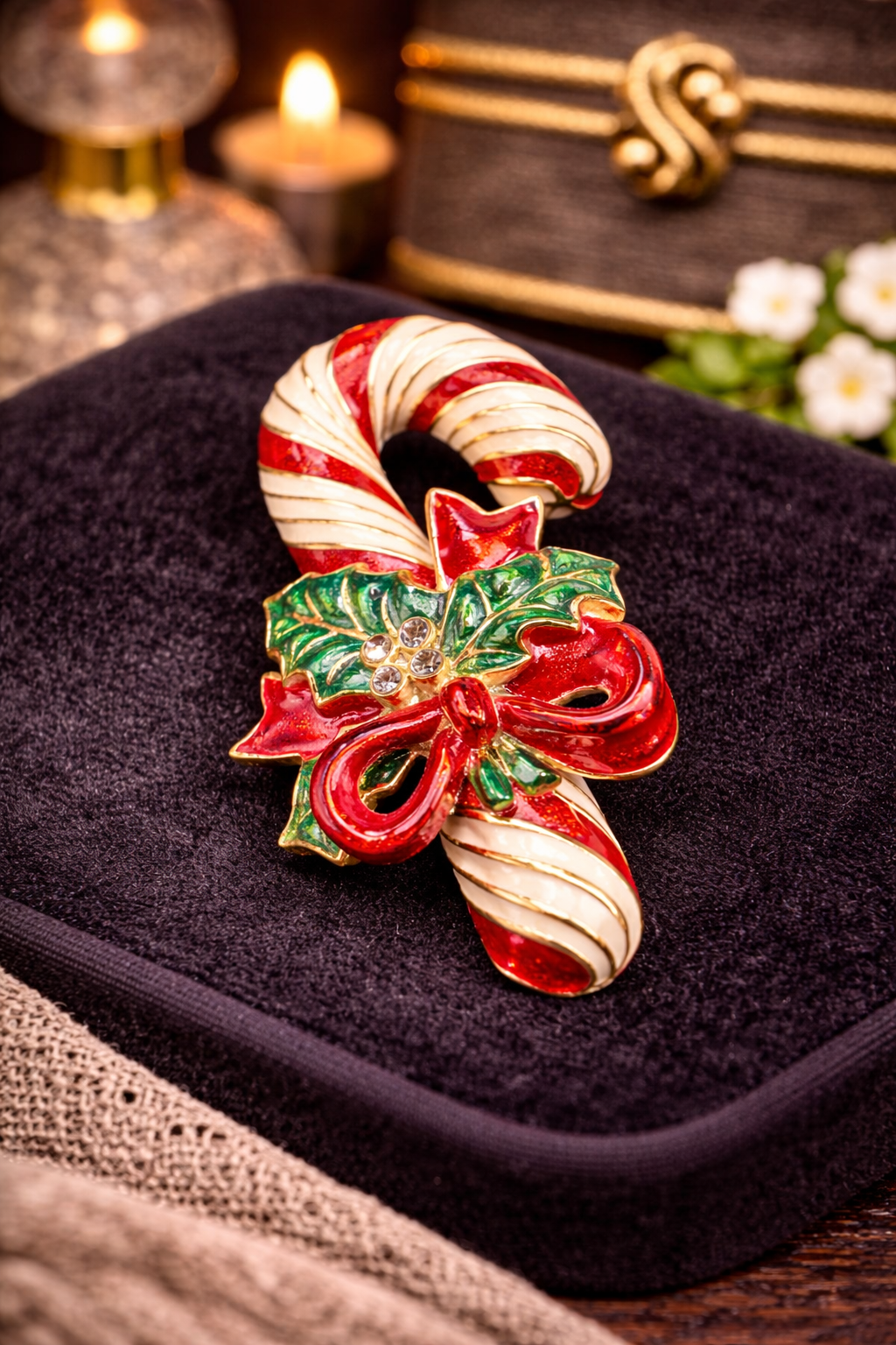 Vintage Style Candy Cane Christmas Brooch Red White Enamel Holly Bow Gold Tone Pin