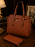 Montana West Cognac Orange Structured Tote Bag with Matching Wallet Set