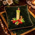 Vintage Christmas Candle Brooch with Holly & Red Bow | Gold Tone Holiday Pin