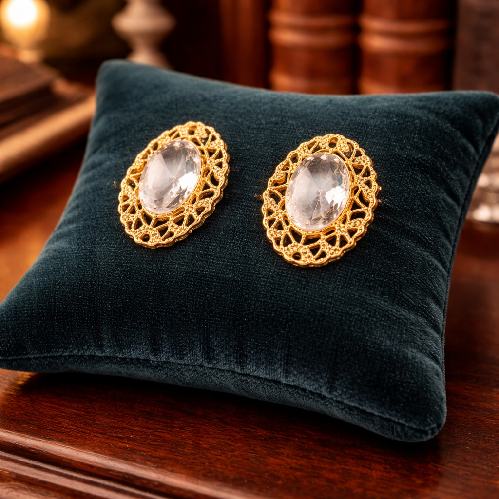 Sarah Coventry Gold Tone Filigree Clip Earrings Oval Clear Crystal Cabochon Vintage Statement Jewelry