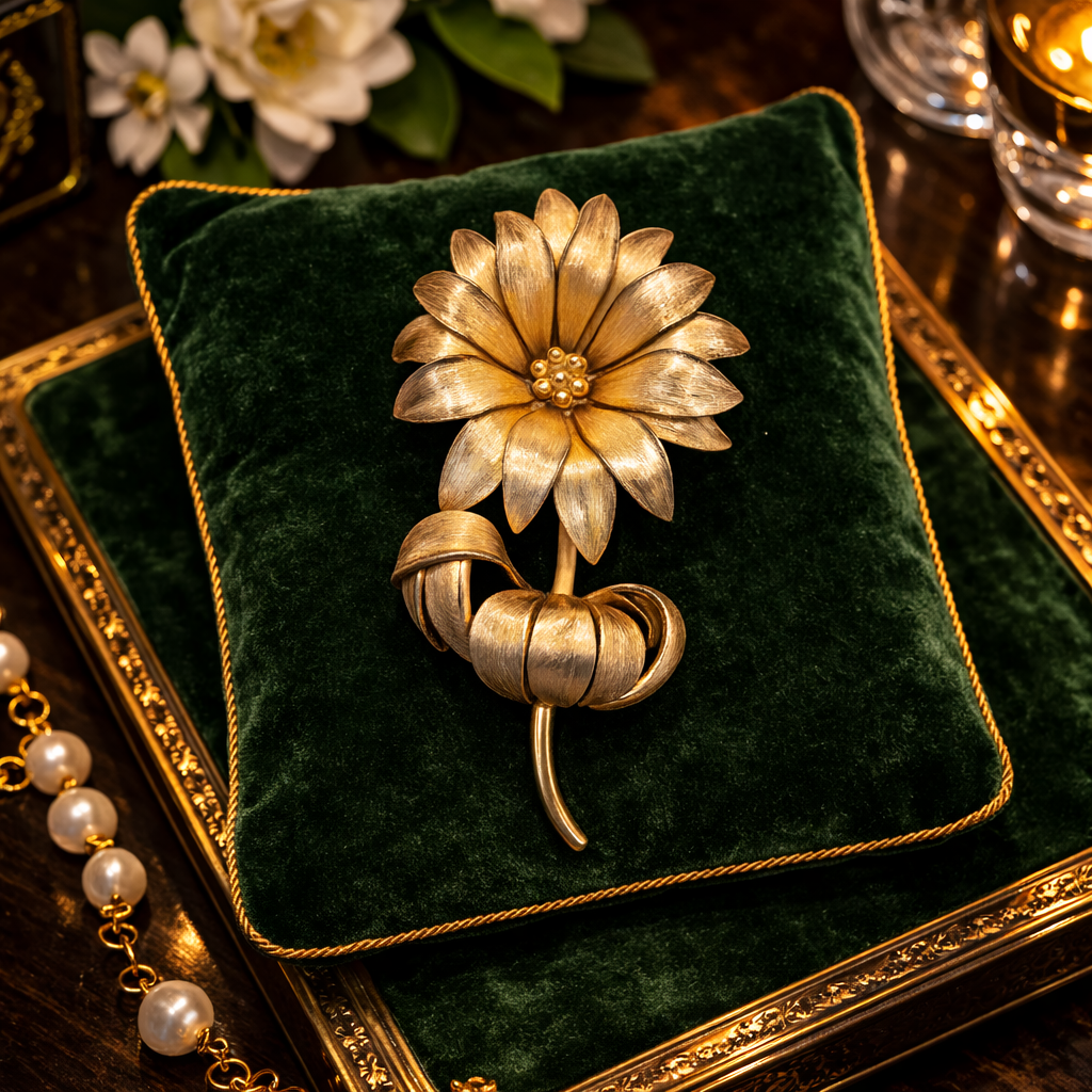 Signed Giovanni Gold Tone Layered Daisy Flower Brooch | Vintage Statement Floral Pin