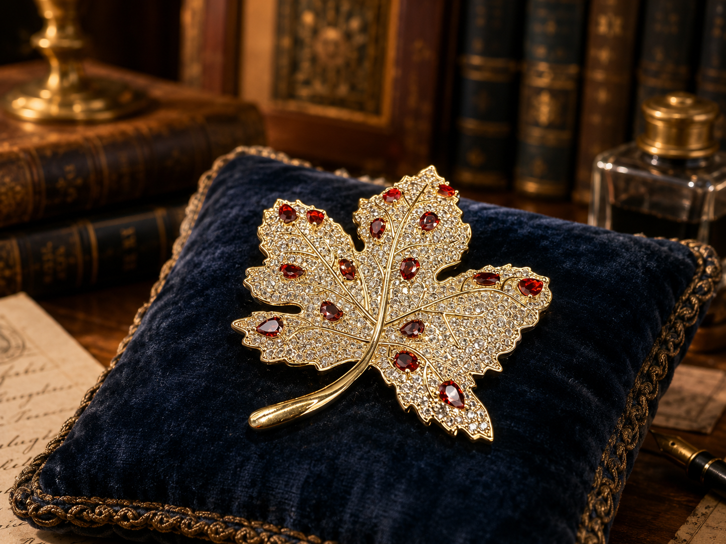 Gold Tone Rhinestone Maple Leaf Brooch with Red Orange Accents | Autumn Statement Pin