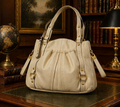 (SOLD) B Makowsky Beige Leather Handbag Soft Slouchy Shoulder Bag Gold Hardware Leopard Lining