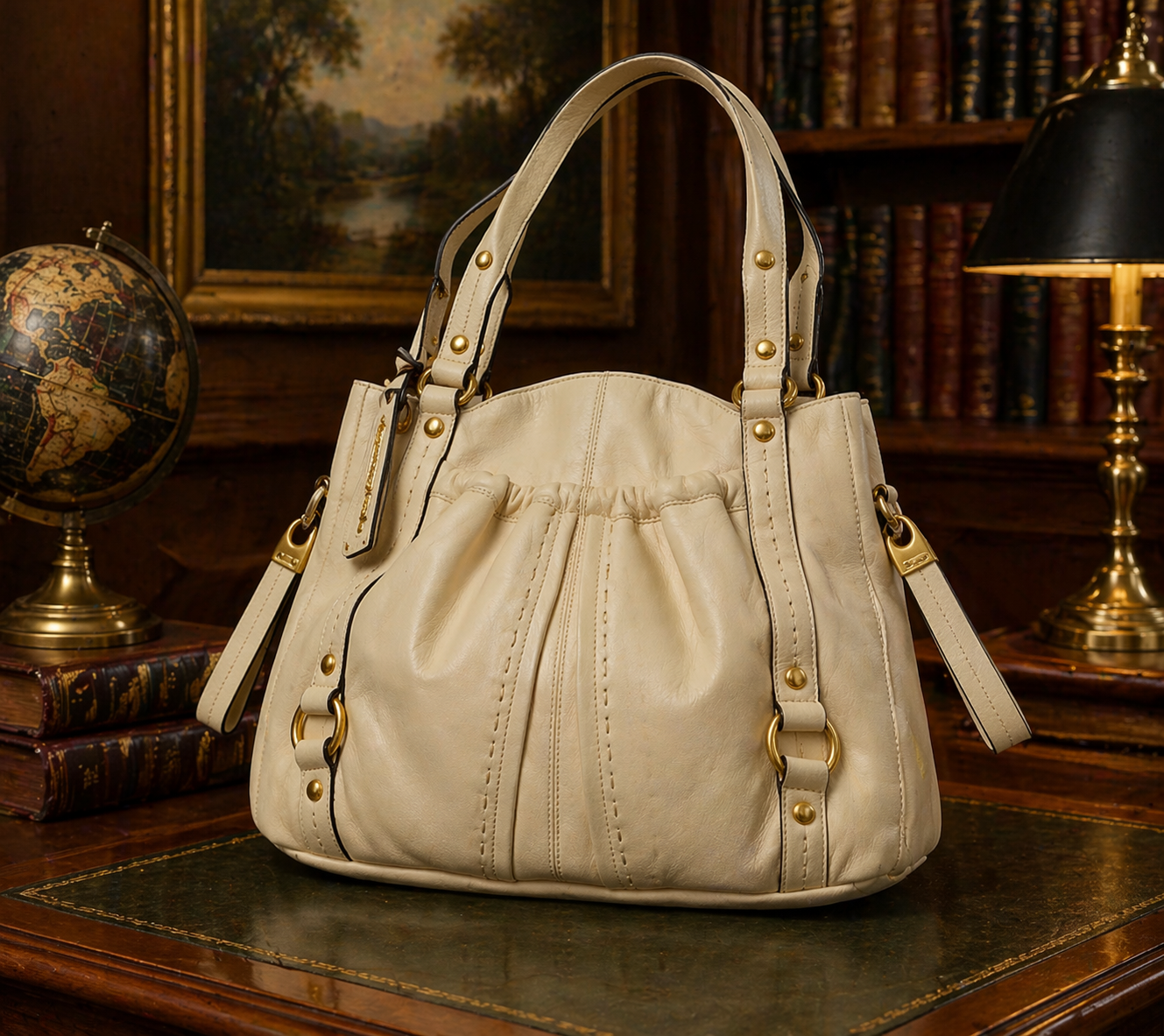 (SOLD) B Makowsky Beige Leather Handbag Soft Slouchy Shoulder Bag Gold Hardware Leopard Lining