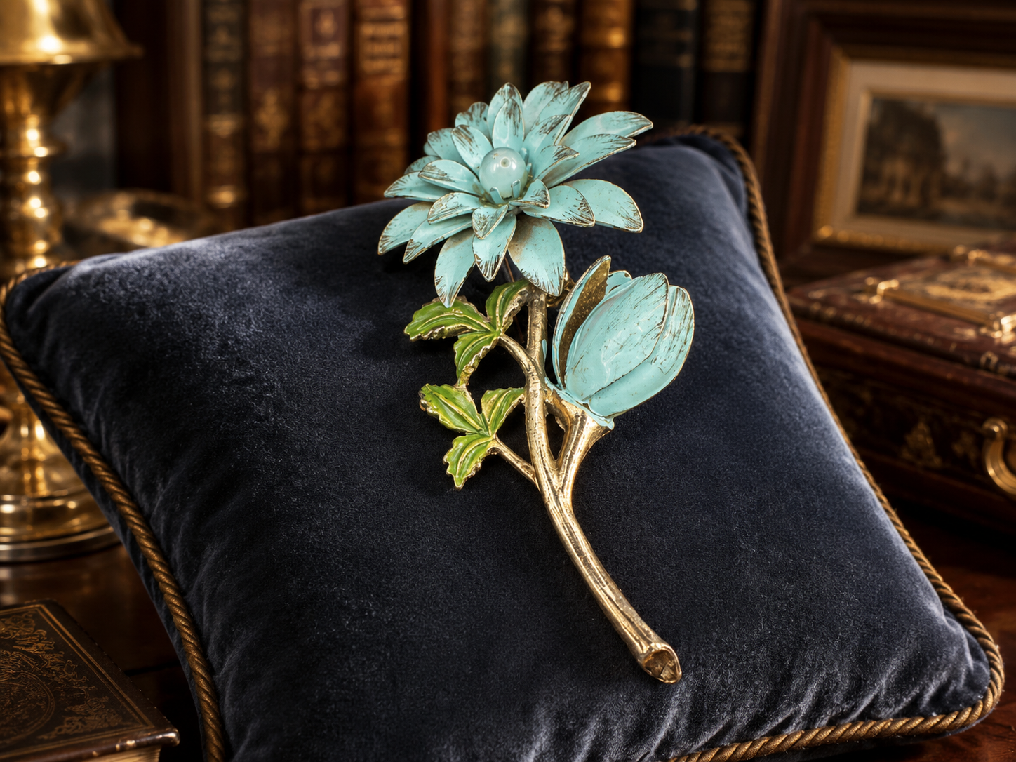 Gold Tone Blue Enamel Flower Brooch | Dimensional Floral Statement Pin
