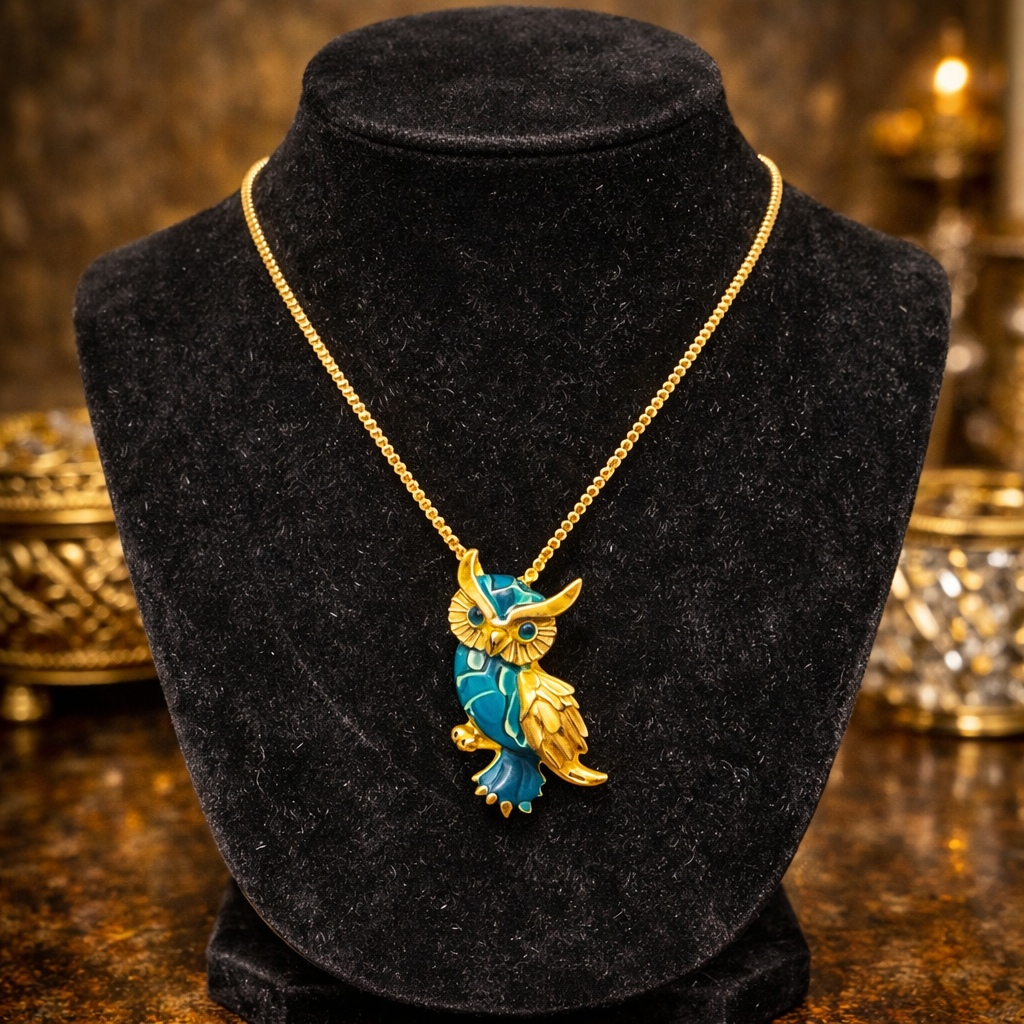 Gold tone owl pendant necklace with blue enamel detail