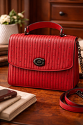Coach Quilted Rivets Parker Top Handle Bag Red Leather | Studded Satchel Crossbody Purse