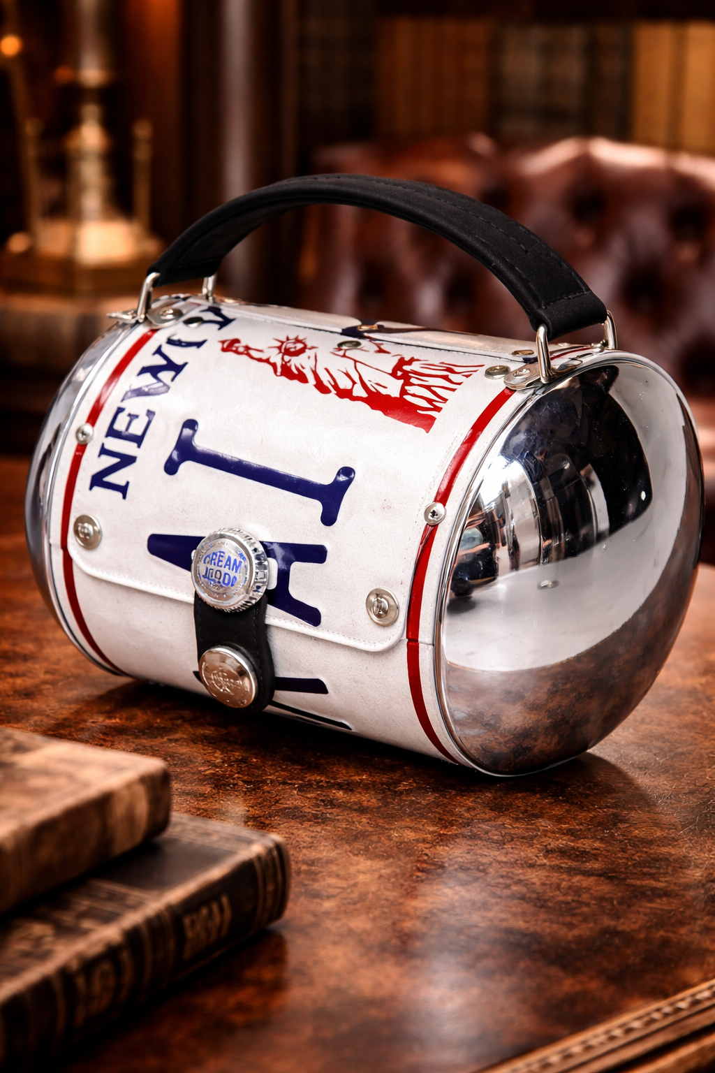 Little Earth New York License Plate Novelty Barrel Handbag with Cream Soda Cap Clasp