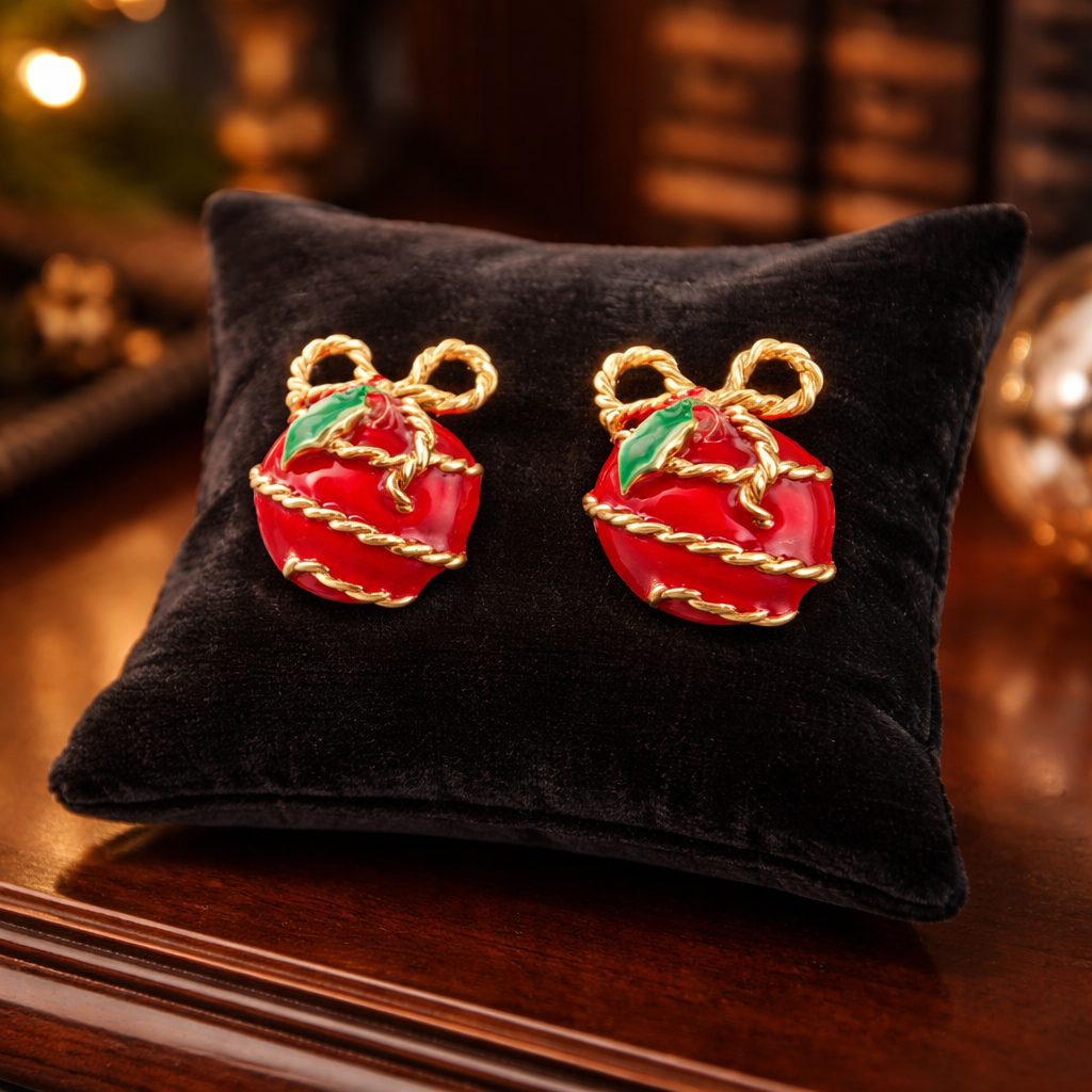 Don-Lin Gold Tone Red Enamel Christmas Gift Clip Earrings Holiday Ribbon Bow Vintage Statement