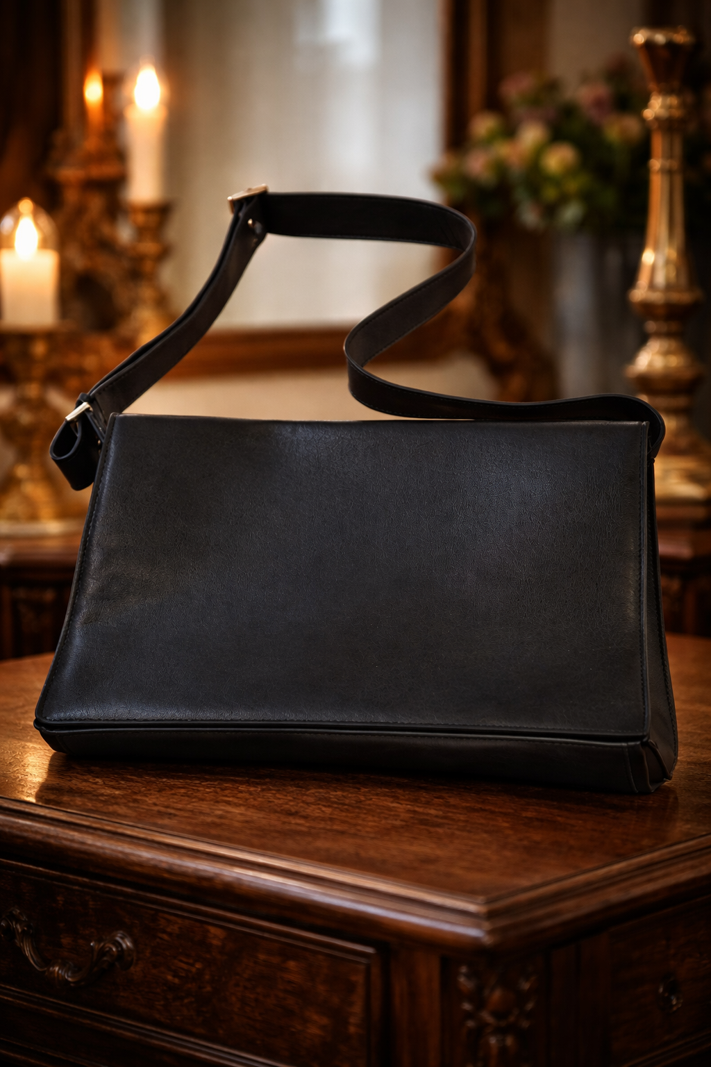 Barneys New York Black Leather Messenger Bag Minimalist Flap Crossbody Work Bag