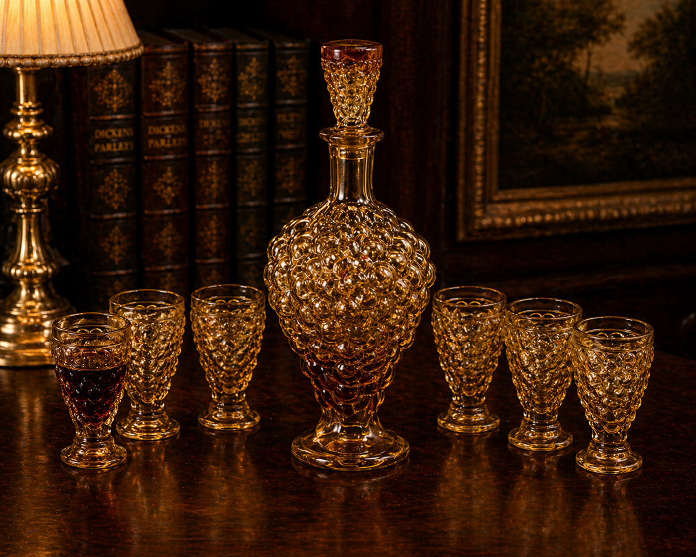 Vintage Amber Grape Cluster Glass Decanter Set with 6 Cordial Glasses Mid Century Barware