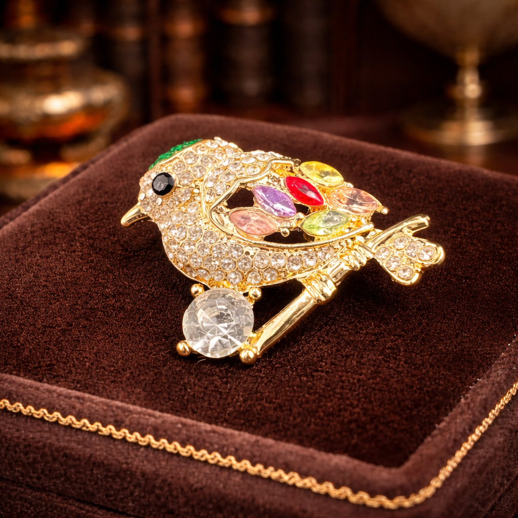Vintage Gold Tone Rhinestone Perched Bird Brooch with Multicolor Crystals