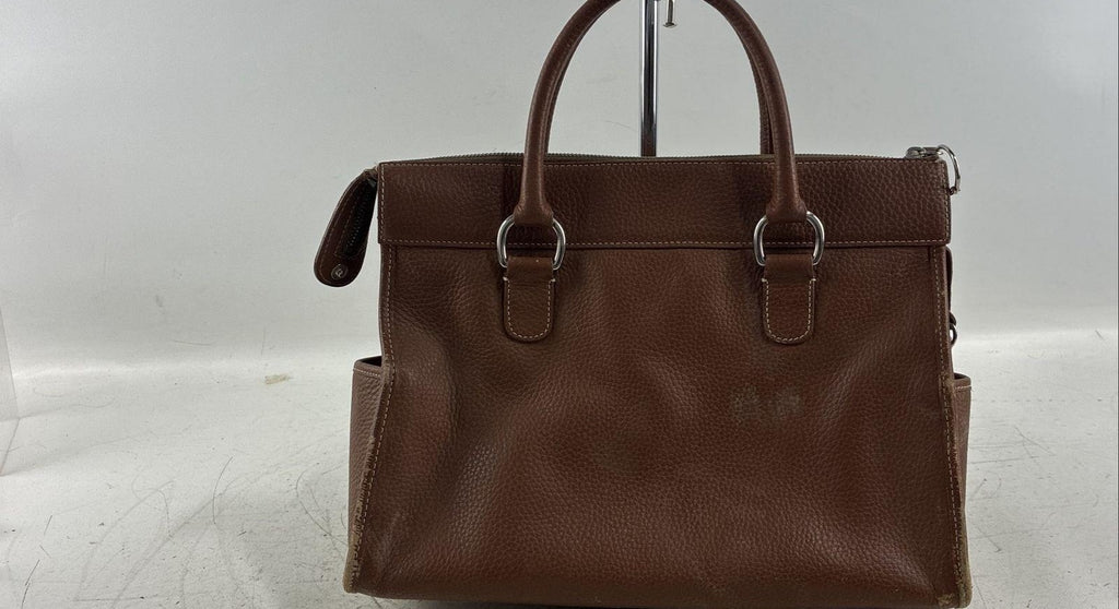 Dooney & Bourke Brown Leather Satchel Bag, Structured Pocket Tote with Shoulder Strap