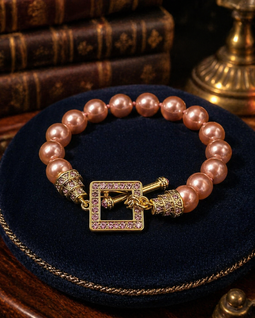 Heidi Daus Faux Pearl Bracelet Mauve Beaded Crystal Pave Clasp Gold Tone Statement Designer
