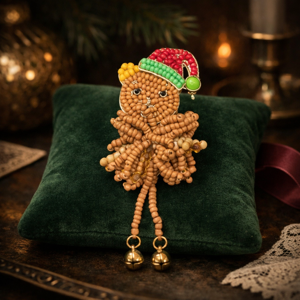 Beaded Gingerbread Man Christmas Brooch with Santa Hat