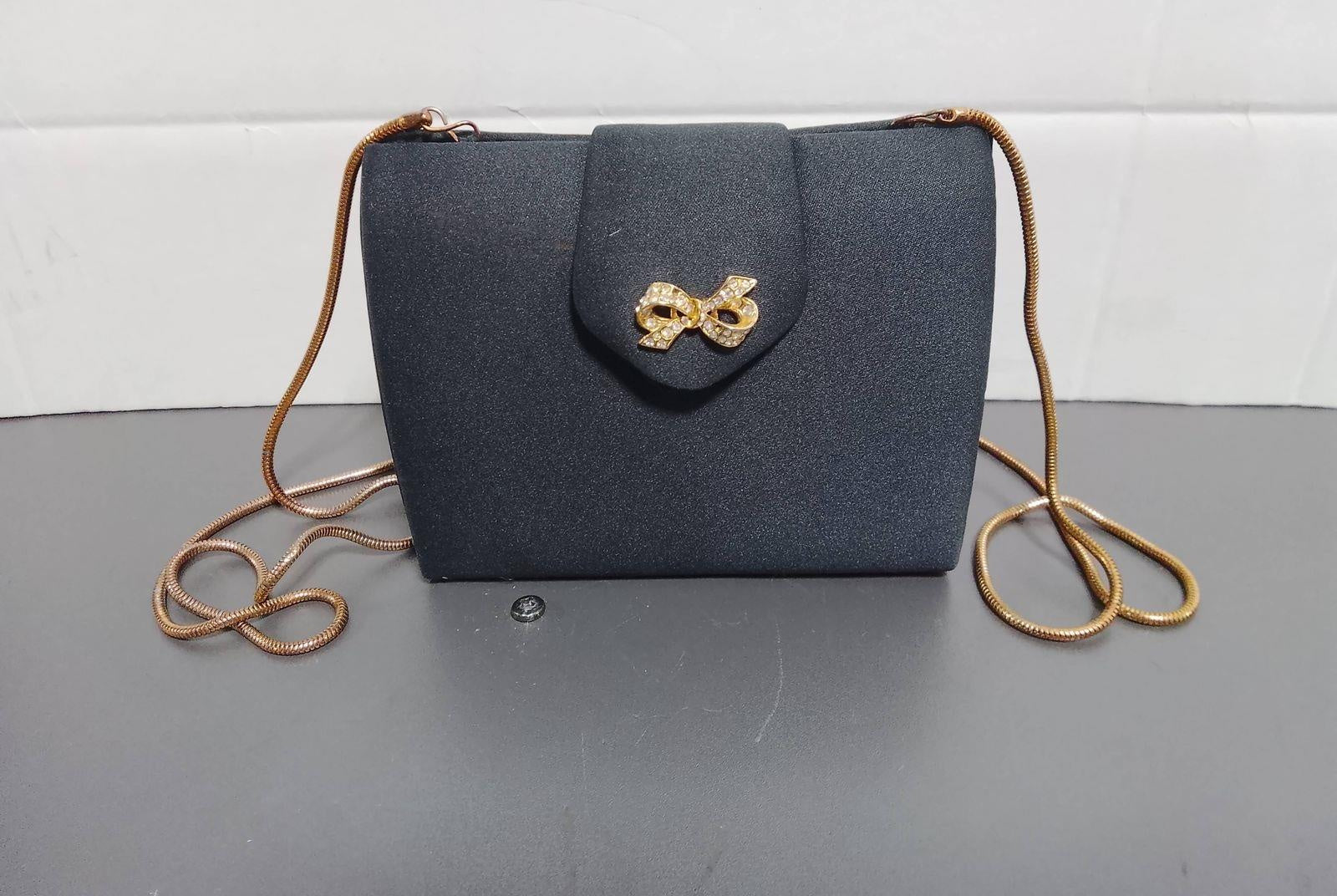 Vanessa Black Evening Clutch with Gold Bow Clasp | Convertible Chain Strap Bag