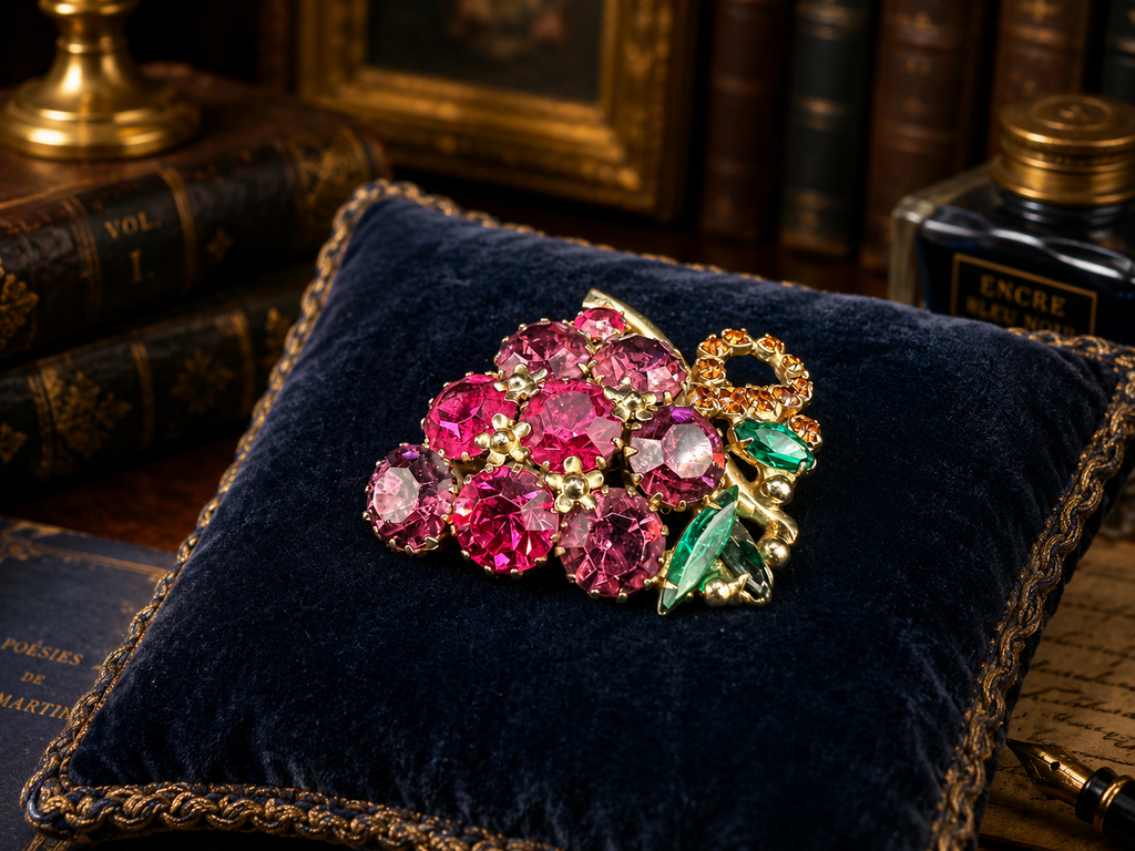 Vintage Gold Tone Rhinestone Grape Cluster Brooch | Pink Green Crystal Fruit Pin