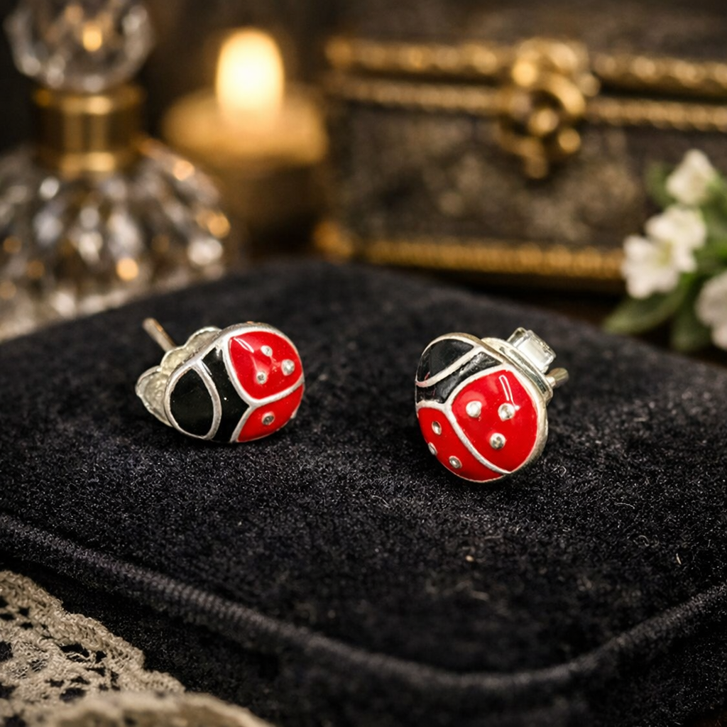 Silver Tone Red Enamel Ladybug Stud Earrings Cute Whimsical Insect Jewelry