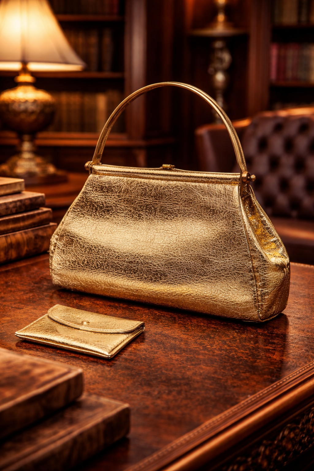 Vintage Gold Metallic Evening Handbag with Matching Coin Purse