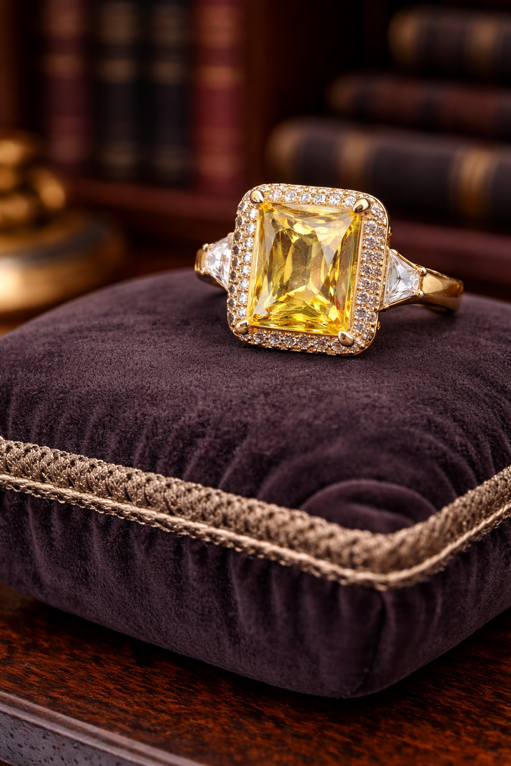 925 Sterling Silver Yellow CZ Emerald Cut Ring Gold Tone Halo Statement Ring Trapezoid Side Stone