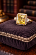 925 Sterling Silver Yellow CZ Emerald Cut Ring Gold Tone Halo Statement Ring Trapezoid Side Stone