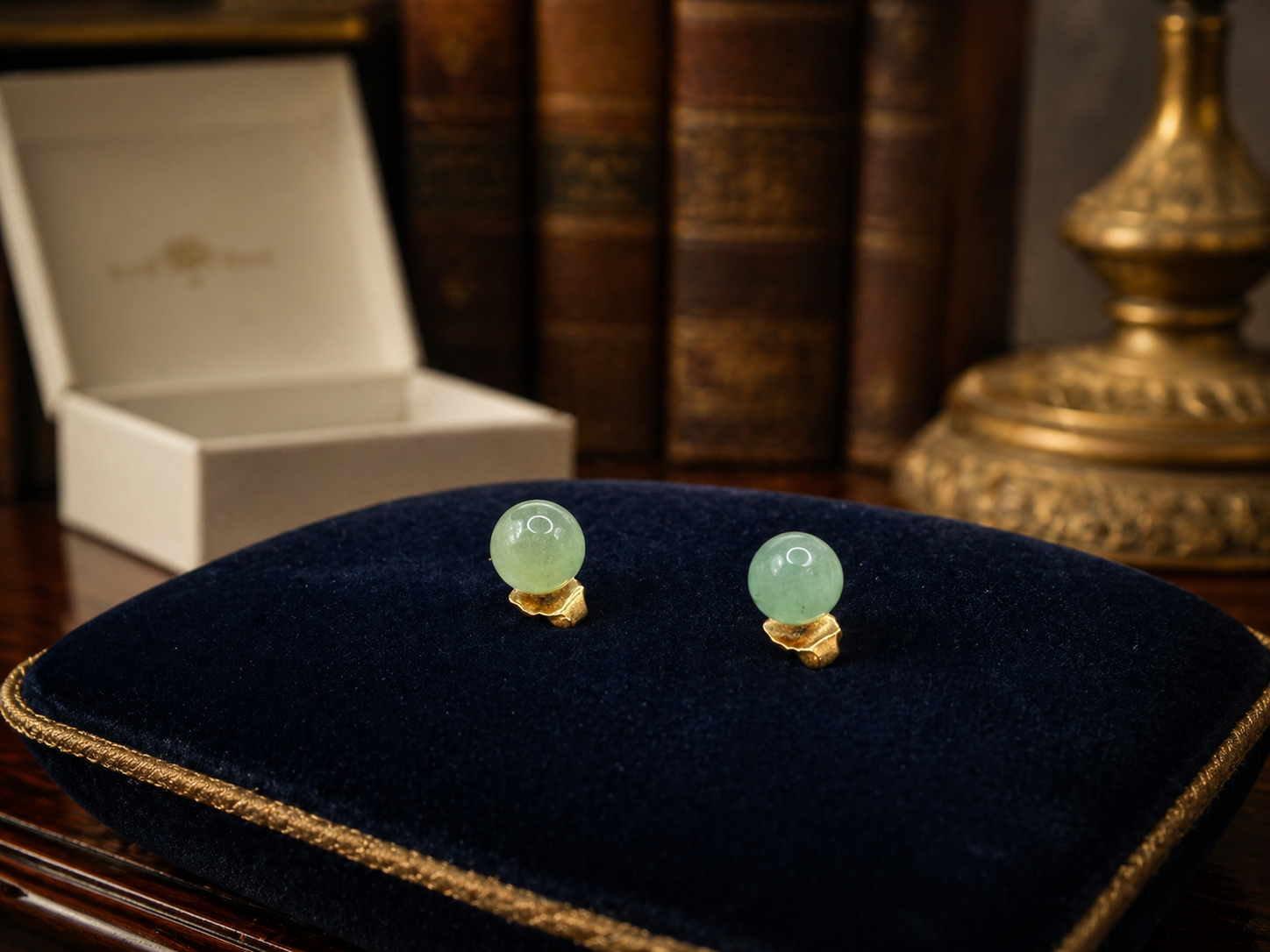 Avon Gold Tone Green Stone Stud Earrings With Original Box