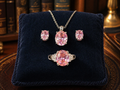 Silver Tone Pink Crystal Necklace and Ring Set With Original Box