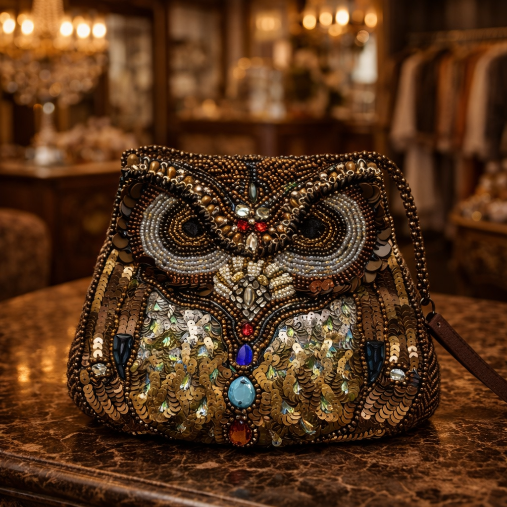 Vintage Style Beaded Owl Evening Bag Sequin Jeweled Top Handle Purse Statement Handbag