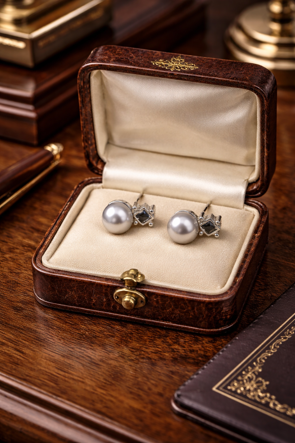 Silver Tone Faux Pearl Stud Earrings Geometric Accent Design Classic Minimalist Vintage Style Elegant Everyday Jewelry