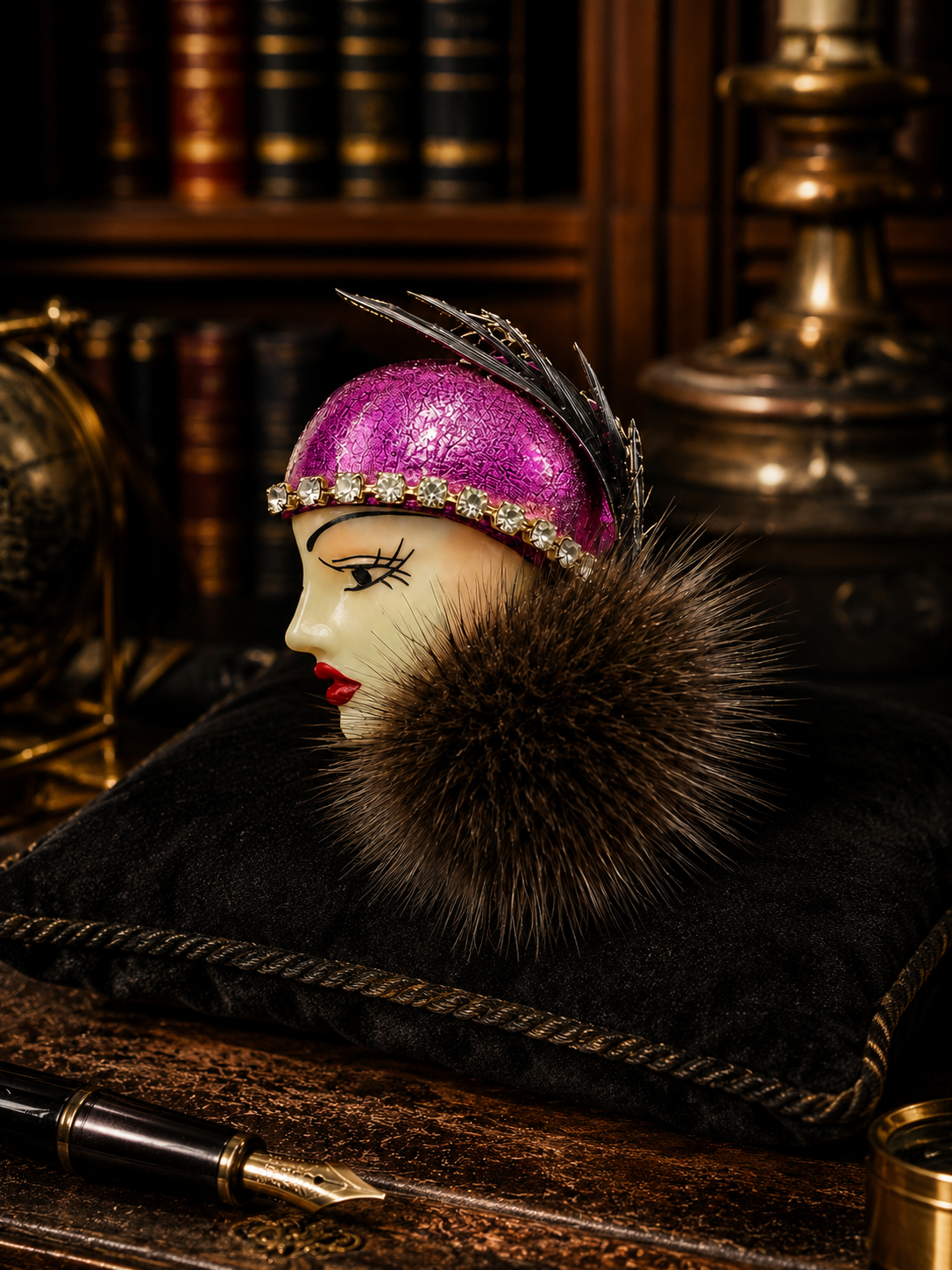 Vintage Magenta Flapper Lady Brooch with Faux Fur Collar, Rhinestone Hat Band & Feather Accent