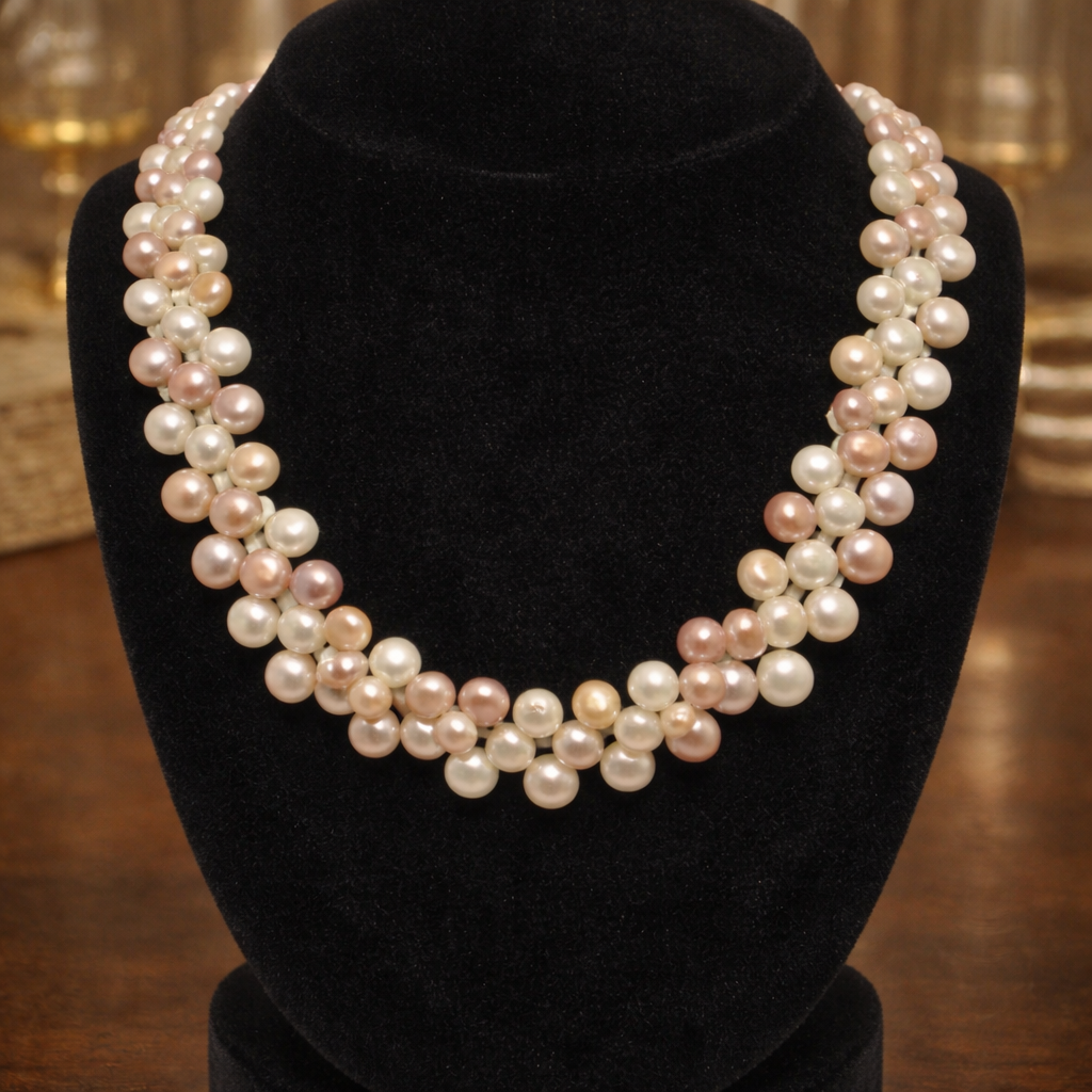 18" Pink & White Freshwater Button Pearl Necklace | Multi-Strand Cluster Statement Necklace