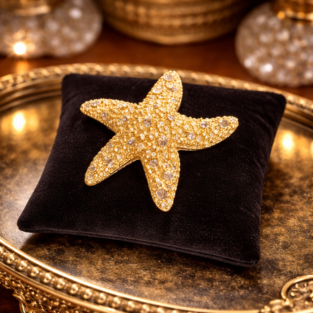 Swarovski Crystal Starfish Brooch Gold Tone Pavé Ocean Beach Jewelry Pin