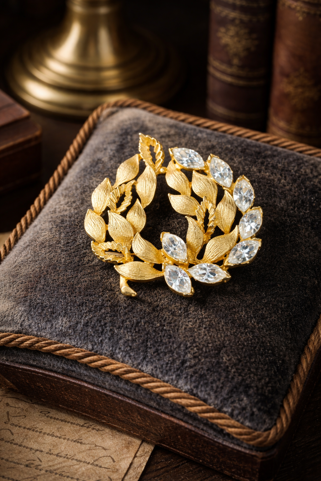 Vintage Gold Tone Leaf Wreath Brooch Marquise Crystal Pin Signed TOP Rhinestone Floral Spray Elegant Classic Jewelry