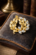 Vintage Gold Tone Leaf Wreath Brooch Marquise Crystal Pin Signed TOP Rhinestone Floral Spray Elegant Classic Jewelry